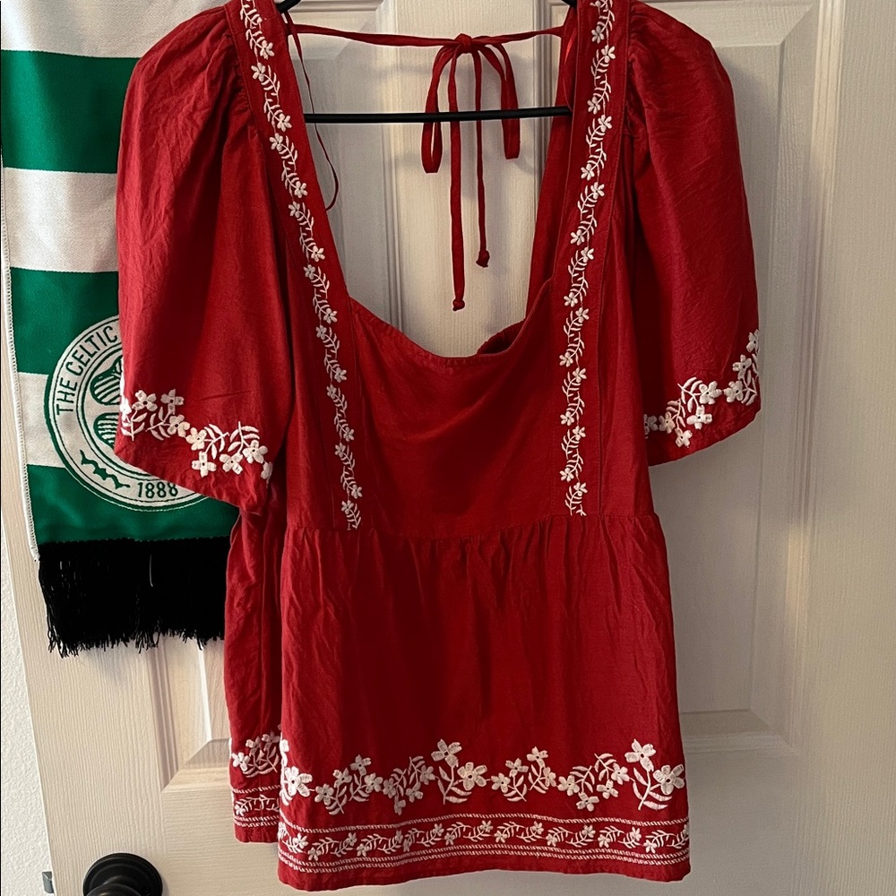 Old Navy Red Boho Top with White Floral Embroidery